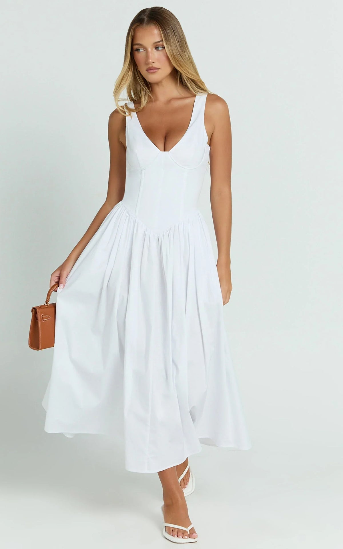 Beckett Midi Dress - Scoop Neck Drop V Waist Gathered Skirt Dress in White