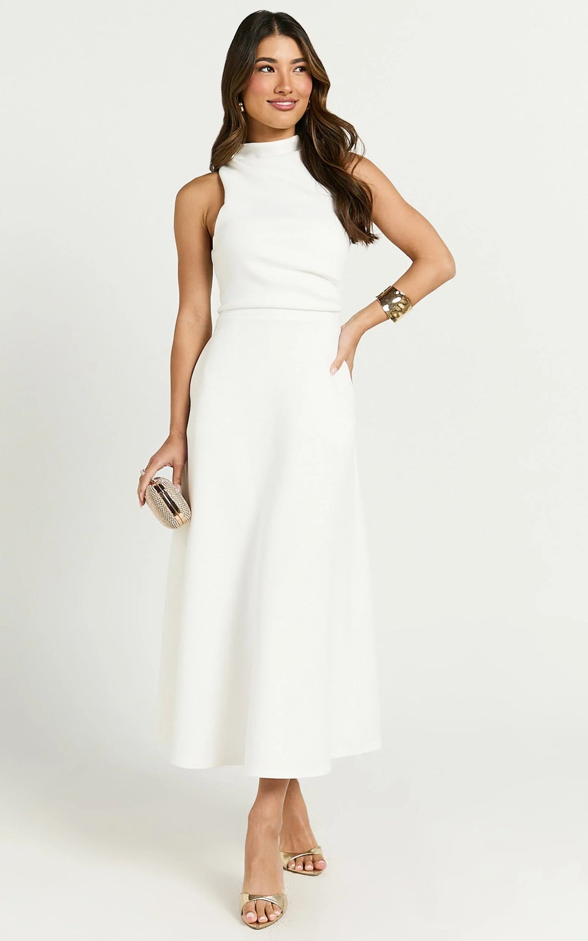 Macy Midi Dress - High Neck A Line Dress in Off White