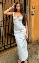 Benita Midi Dress - Scoop Neck Ruched Fitted Dress in Blue