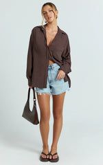 Leanne Top - Button Down Linen Blend Long Sleeve Shirt in Chocolate