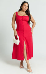 Cameron Midi Dress - Button Front Tie Back Dress in Red