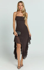 Constantina Midi Dress - Asymmetric Ruffle Tie Back Dress in Dark Chocolate
