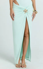 Nerissa Midi Skirt - Jewelled Trim Twist Leg Split Skirt in Mint