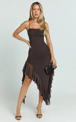 Constantina Midi Dress - Asymmetric Ruffle Tie Back Dress in Dark Chocolate