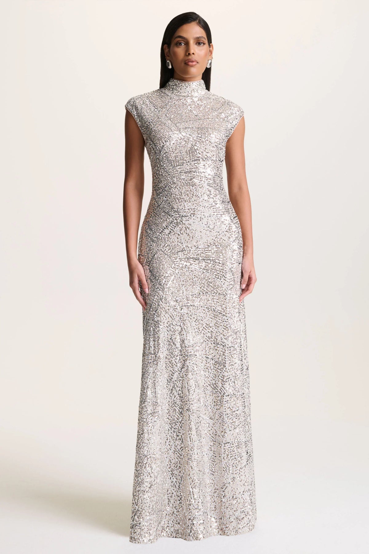 Cecy | Silver Sequin High-Neck Maxi Dress With Cap Sleeves