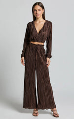 Kallie Pants - High Waist Drawstring Plisse Pants in Chocolate