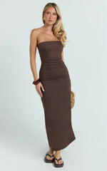 Natasha Midi Dress - Strapless Ruched Column Dress in Chocolate