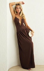 Hathaway Maxi Dress - U Shaped Neck Pleated Dress in Chocolate