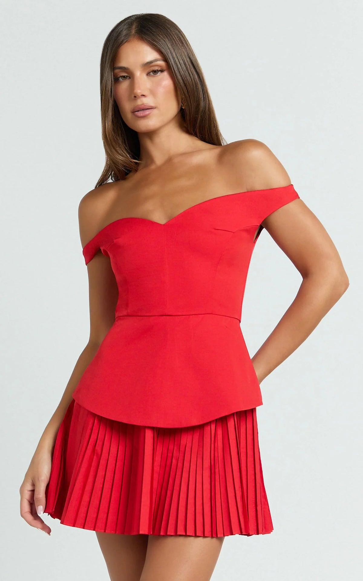 Izara Mini Dress - Off Shoulder Pleated Dress in Red