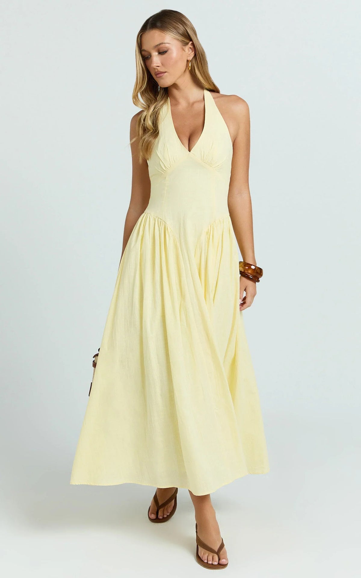 Athena Midi Dress - Halter Drop Waist Dress in Lemon