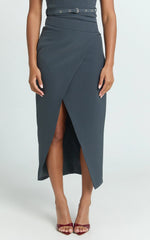 Jenni Midi Skirt - Asymmetric Cross Over Mid Waisted Skirt in Slate Grey