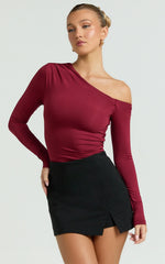 Clarence Top - Long Sleeve Off Shoulder Gathered Top in Burgundy