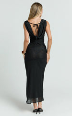 Nova Midi Dress - Lace Cowl Neck Tie Back Dress in Black