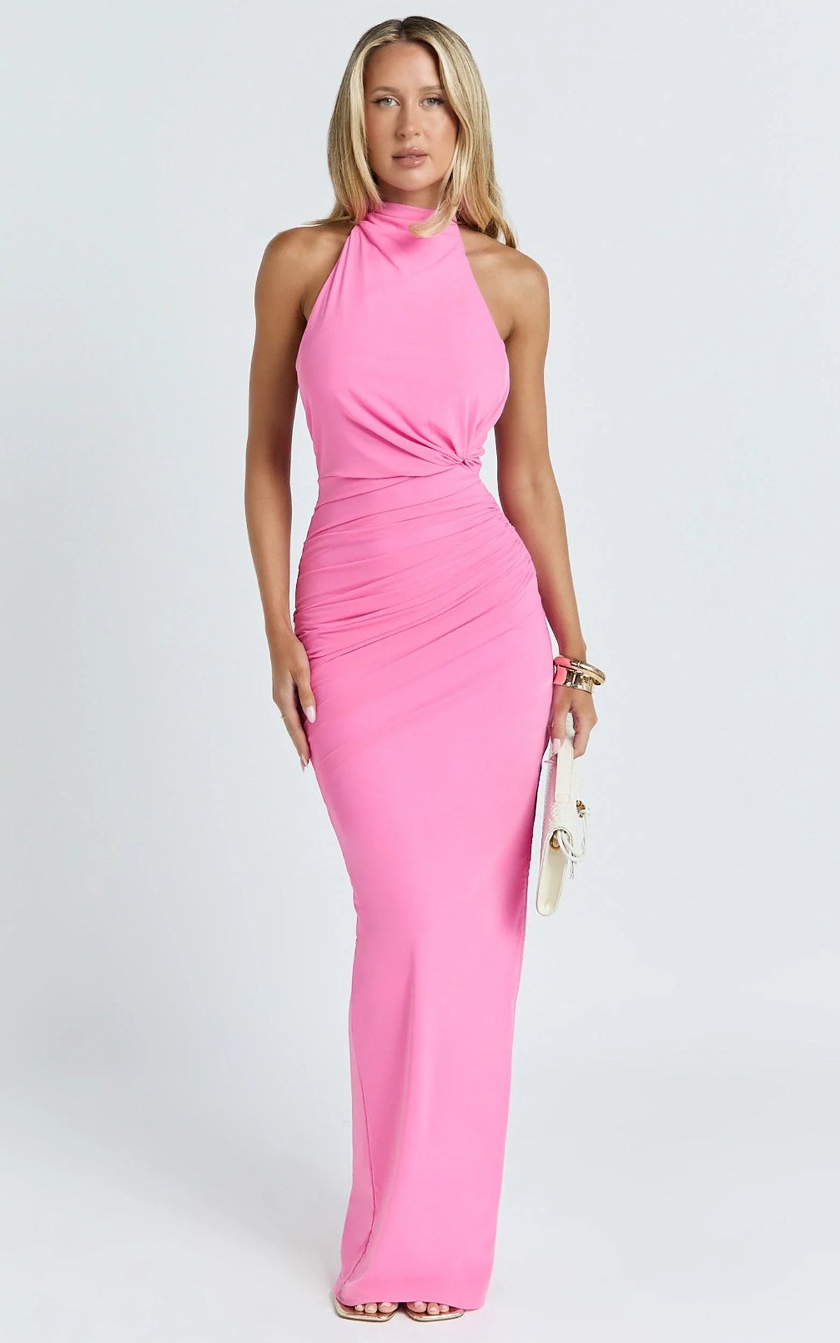 Francis Maxi Dress - Halter Ruched Backless Dress in Pink