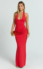 Heath Maxi Dress - Scoop Halter Neck With Drape Front Skirt Back Split Dress in Red