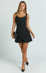 Rachel Midi Dress - Square Scoop Neck Buckle Pocket Leg Split Knee Length Dress in Black