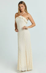 Rhea Maxi Dress - Lace Ruffle Halter A Line Godet Dress in Cream