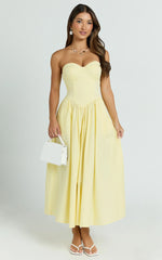 Daria Midi Dress - Strapless Corset Gathered Dress in Lemon