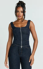 Bellerose Top - Front Zip Denim Fitted Top in Raw Denim with Tobacco Stitch