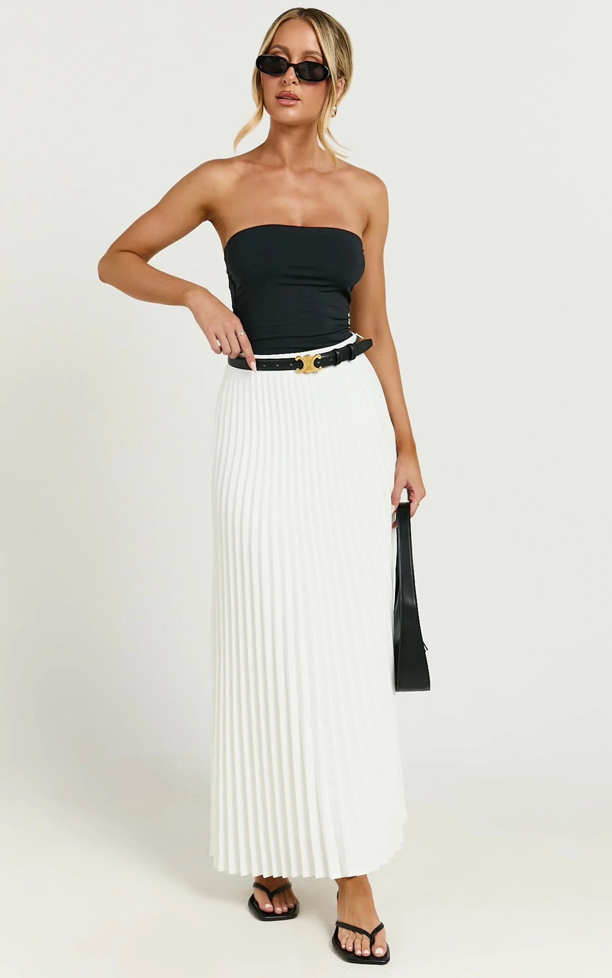 Harlee Midi Skirt - Pleated High Waist A Line Skirt in White