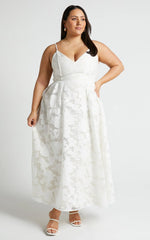 Philine Midi Dress - Jacquard Plunge Fit and Flare Dress in White