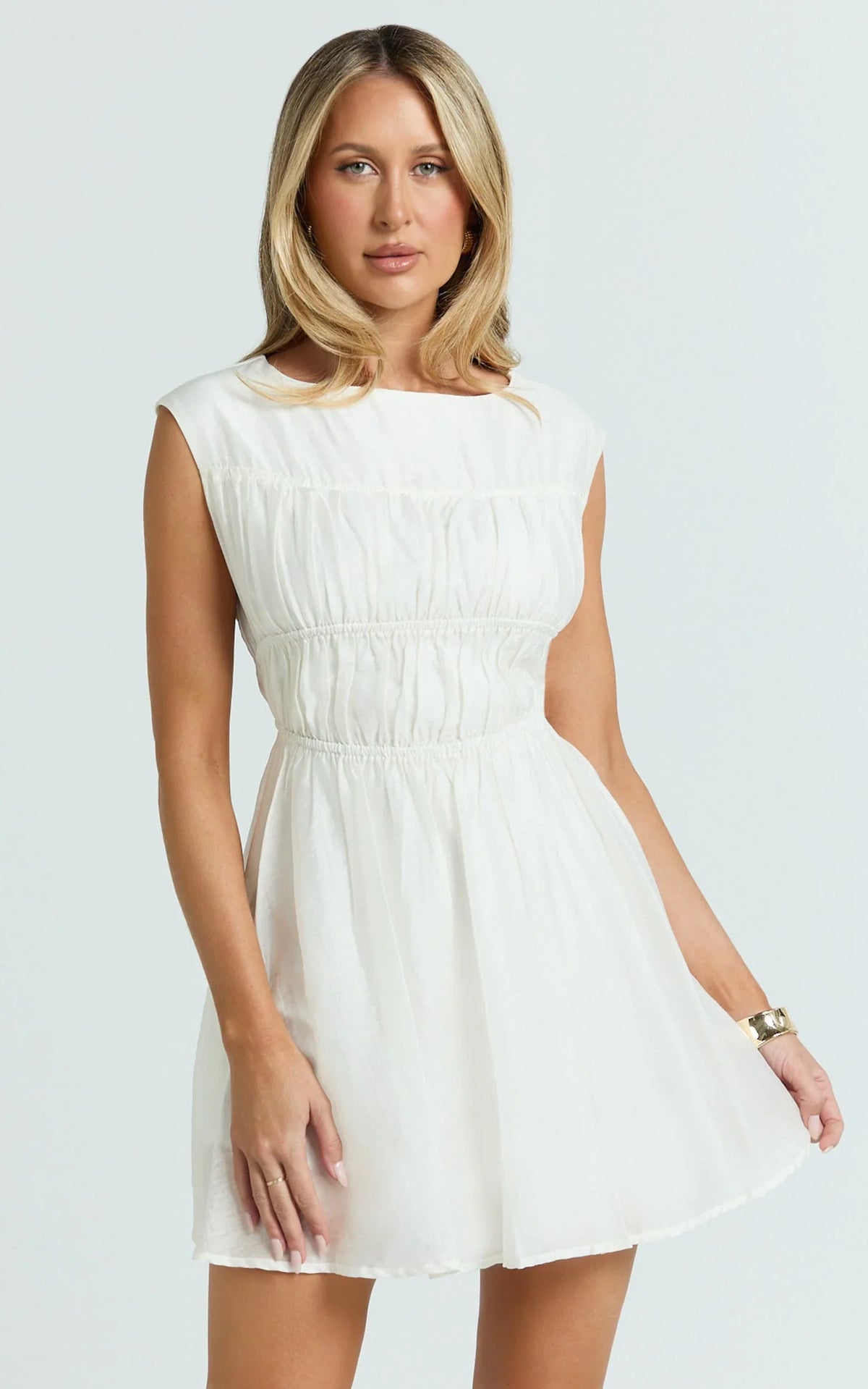 Faith Mini Dress - Sleeveless Ruched Bodice Dress in White