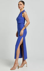 Cincinnati Midi Dress - Off The Shoulder Side Split Column Linen Dress in Cobalt