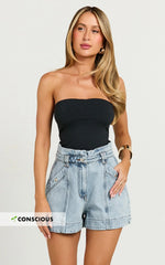 Kayla Shorts - High Waisted A Line Denim Shorts in Light Blue Wash