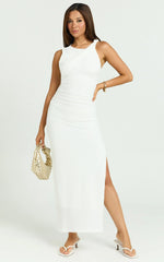 Lexie Midi Dress - Shoulder Twist Ruched Side Split Dress in Ivory