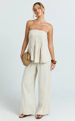 Carli Two Piece Top and Pants Set - Cotton Tube Pant Set in Beige