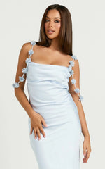 Lyka Midi Dress - Floral Straps Satin Dress in Light Blue