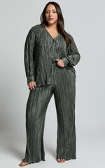 Beca Pants - High Waisted Plisse Flared Pants in Olive