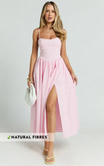 Morris Midi Dress - Linen Scoop Neck Gathered Dress in Pink