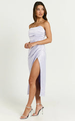 Primrose Midi Dress - Satin Strapless Draped Wrap Skirt Dress in Lilac