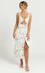 Nicola Midi Linen Blend Dress - Strappy Front Twist Cut Out Column Dress in Soleil Print