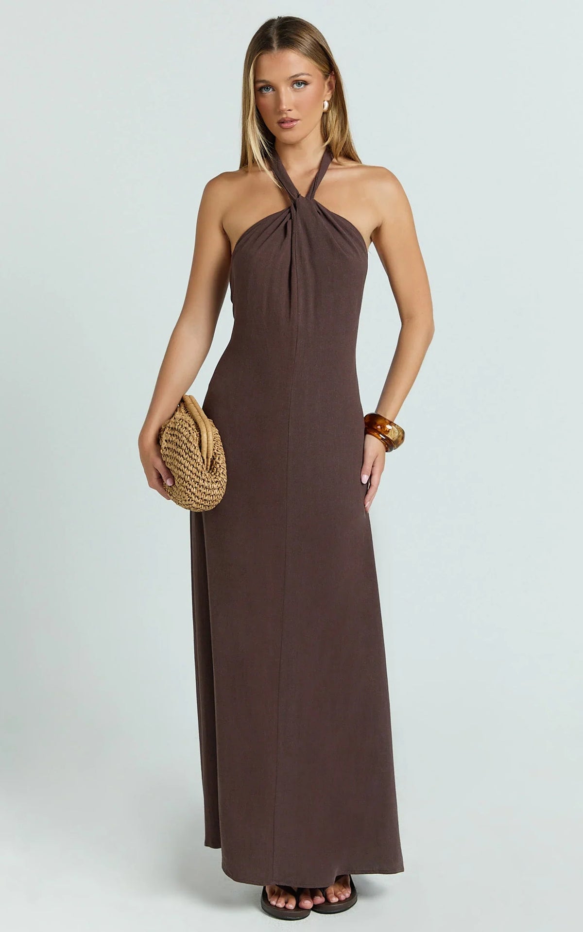 Hilda Maxi Dress - Knot Detail Halter Neck Maxi Dress in Chocolate