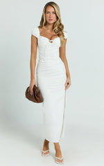 Farrow Midi Dress - Cap Sleeve Ruched Bust Fitted Dress in Off White