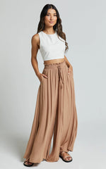 Hany Pants - High Waist Drawstring Wide Leg Pants in Latte