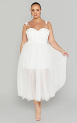 Aisha Midi Dress - Bustier Bodice Tulle Dress in White
