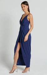 Dominique Midi Dress - V Neck Twist Front Jersey Dress in Navy