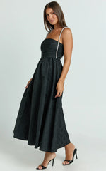 Alvia Midi Dress - Diamante Strap Ruched Straight Neck Dress in Black