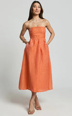 Remy Midi Dress - Strapless Bustier Flare Dress in Orange