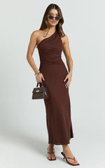 Cassia Midi Dress - One Shoulder A Line Dress in Chocolate