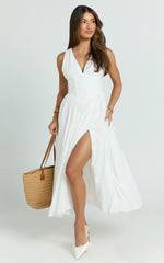 Lainey Midi Dress - Embroidered V Neck Corset Drop Waist Fit And Flare Dress in White