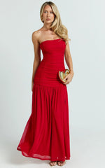 Cardi Maxi Dress - Ruched Mesh High Leg Split Dress in Red