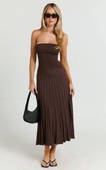 Paris Midi Dress - Strapless Drop Waist Pleated Knit Dress in Chocolate