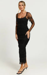 Evelyn Midi Dress - Long Sleeve Shirred Tulle Dress in Black Polka