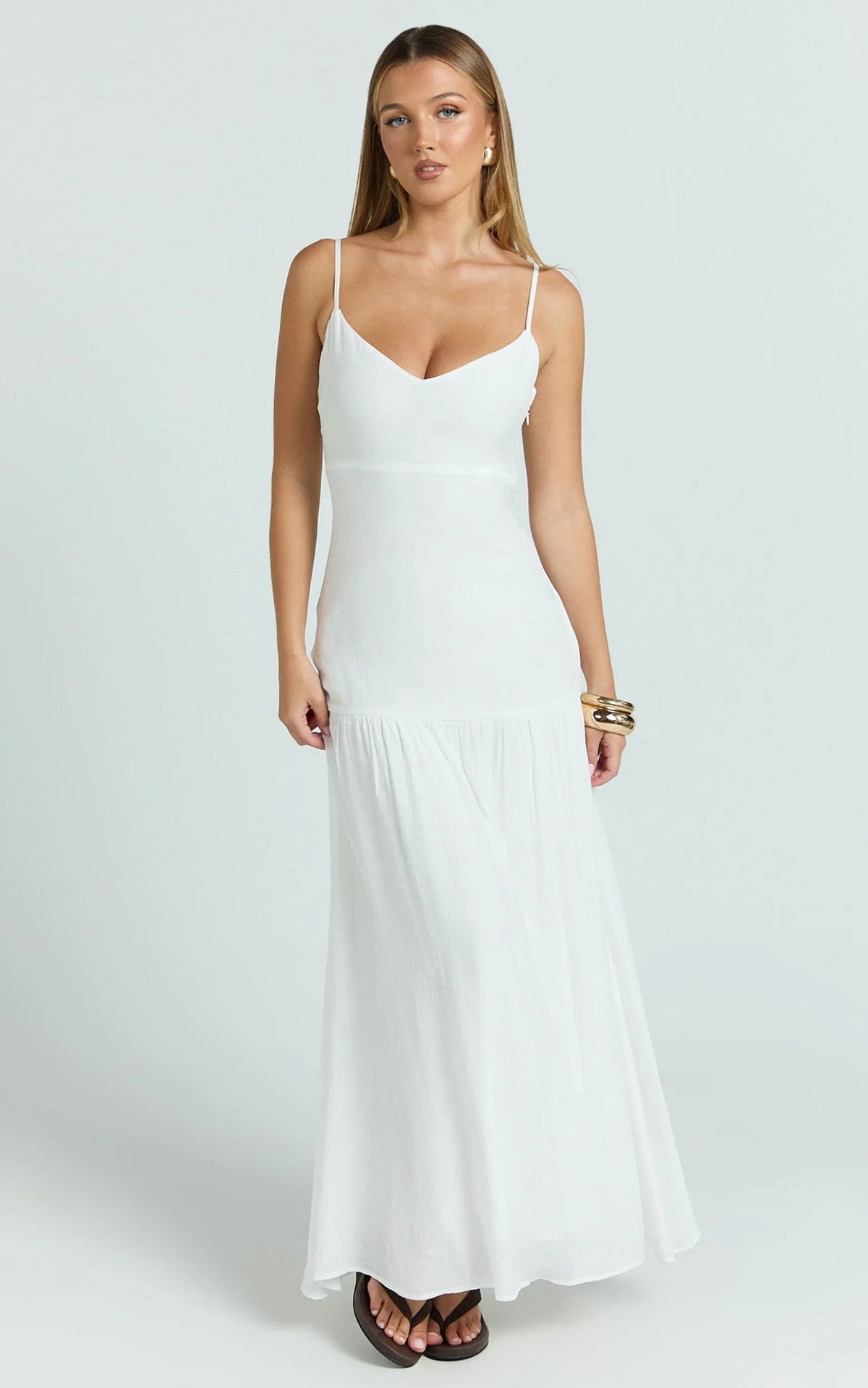 Collins Maxi Dress - V Neck Dropped Waist Gathered Maxi Dress in Off White