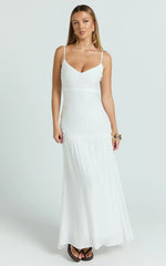 Collins Maxi Dress - V Neck Dropped Waist Gathered Maxi Dress in Off White