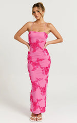 Mina Midi Dress - Embroidered Mesh Dress in Pink